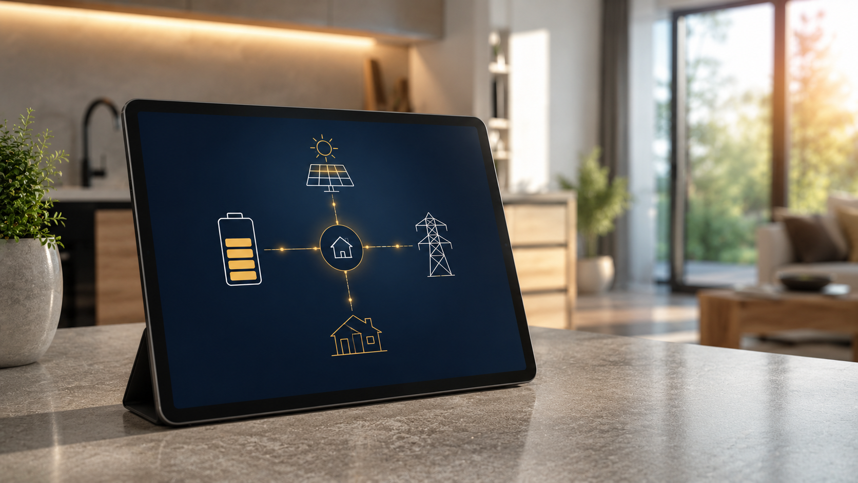 Smart Home Tablet zeigt Energiefluss-Diagramm mit Solar und Speicher